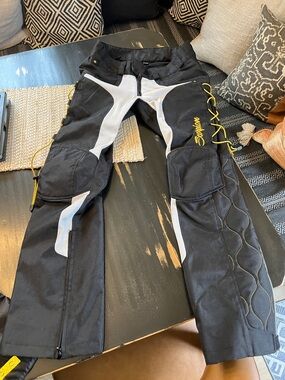 Scorpion Black & White Womens Padded Moto Pants with Yellow Accents M